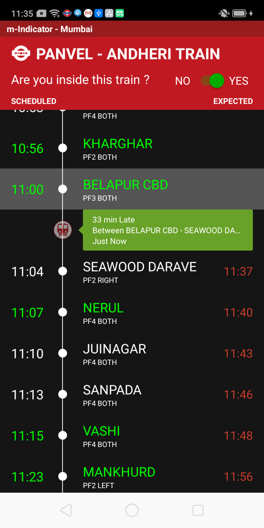 m-Indicator live train tracking screen showing a Panvel to Andheri train running 33 minutes late