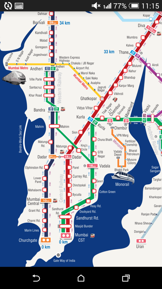 Mumbai suburban railway map with travel times